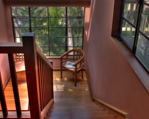 Preview wallpaper stairs, chair, railings, windows, interior, trees