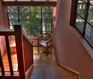 Preview wallpaper stairs, chair, railings, windows, interior, trees