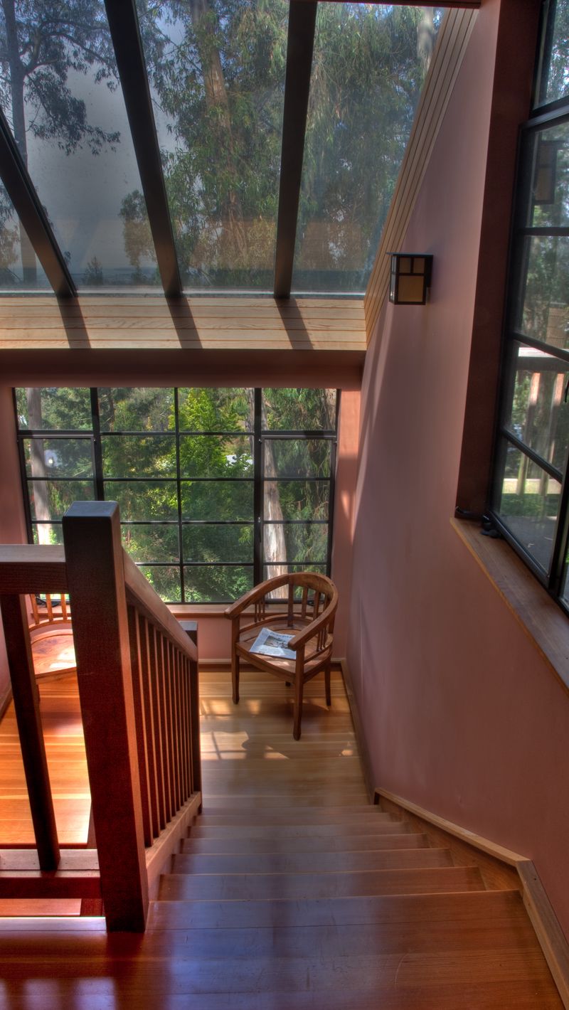800x1420 Wallpaper stairs, chair, railings, windows, interior, trees