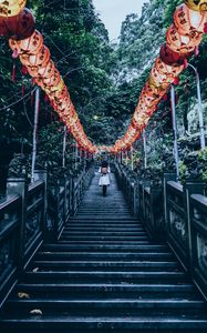 Preview wallpaper stairs, chinese lanterns, climb, trees