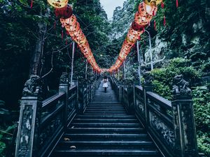 Preview wallpaper stairs, chinese lanterns, climb, trees