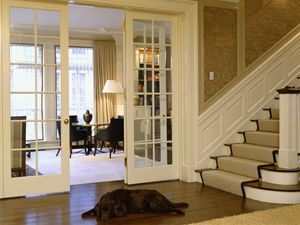 Preview wallpaper stairs, dog, corridor