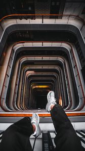 Preview wallpaper stairs, legs, sneakers, height, architecture