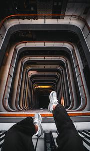 Preview wallpaper stairs, legs, sneakers, height, architecture