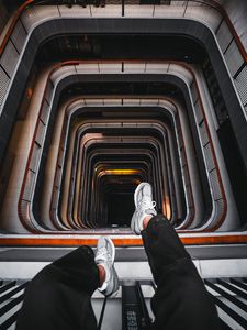 Preview wallpaper stairs, legs, sneakers, height, architecture