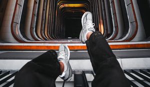 Preview wallpaper stairs, legs, sneakers, height, architecture