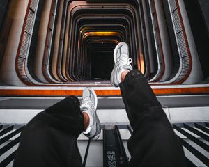 Preview wallpaper stairs, legs, sneakers, height, architecture