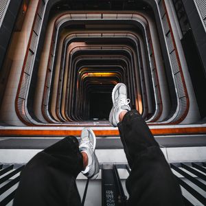 Preview wallpaper stairs, legs, sneakers, height, architecture