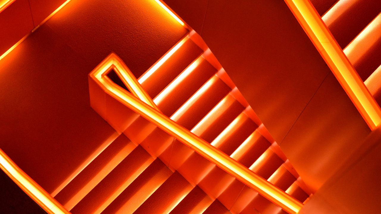 Wallpaper stairs, neon, backlight, glow, architecture