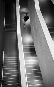 Preview wallpaper stairs, person, bw, minimalism