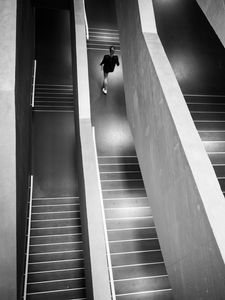 Preview wallpaper stairs, person, bw, minimalism