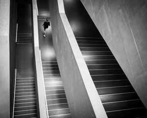 Preview wallpaper stairs, person, bw, minimalism