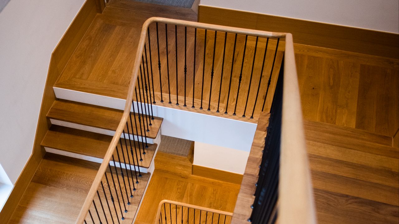 Wallpaper stairs, railing, height, wooden, blur