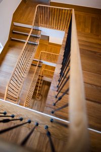 Preview wallpaper stairs, railing, height, wooden, blur