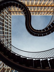 Preview wallpaper stairs, railings, windows, buildings, sky, bottom view