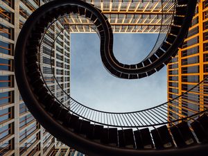 Preview wallpaper stairs, railings, windows, buildings, sky, bottom view