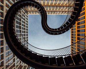 Preview wallpaper stairs, railings, windows, buildings, sky, bottom view