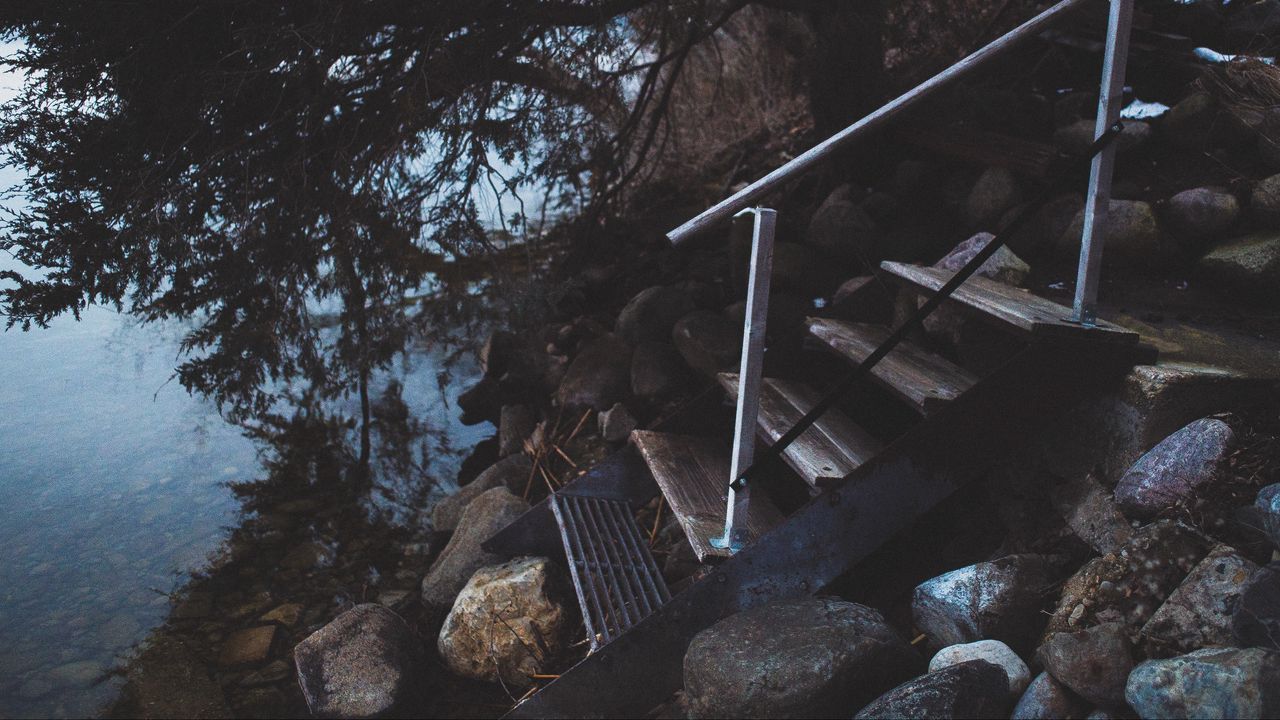 Wallpaper stairs, shore, river, trees