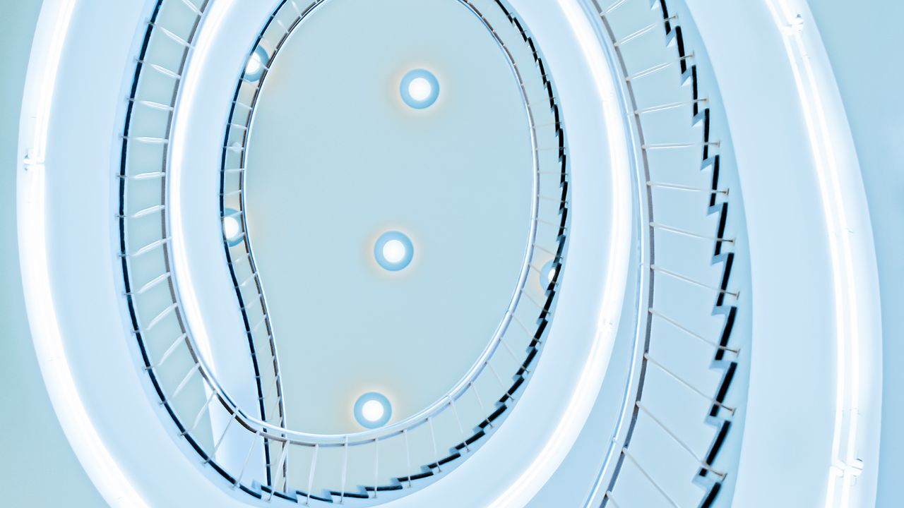 Wallpaper stairs, spiral, architecture, minimalism, light, blue