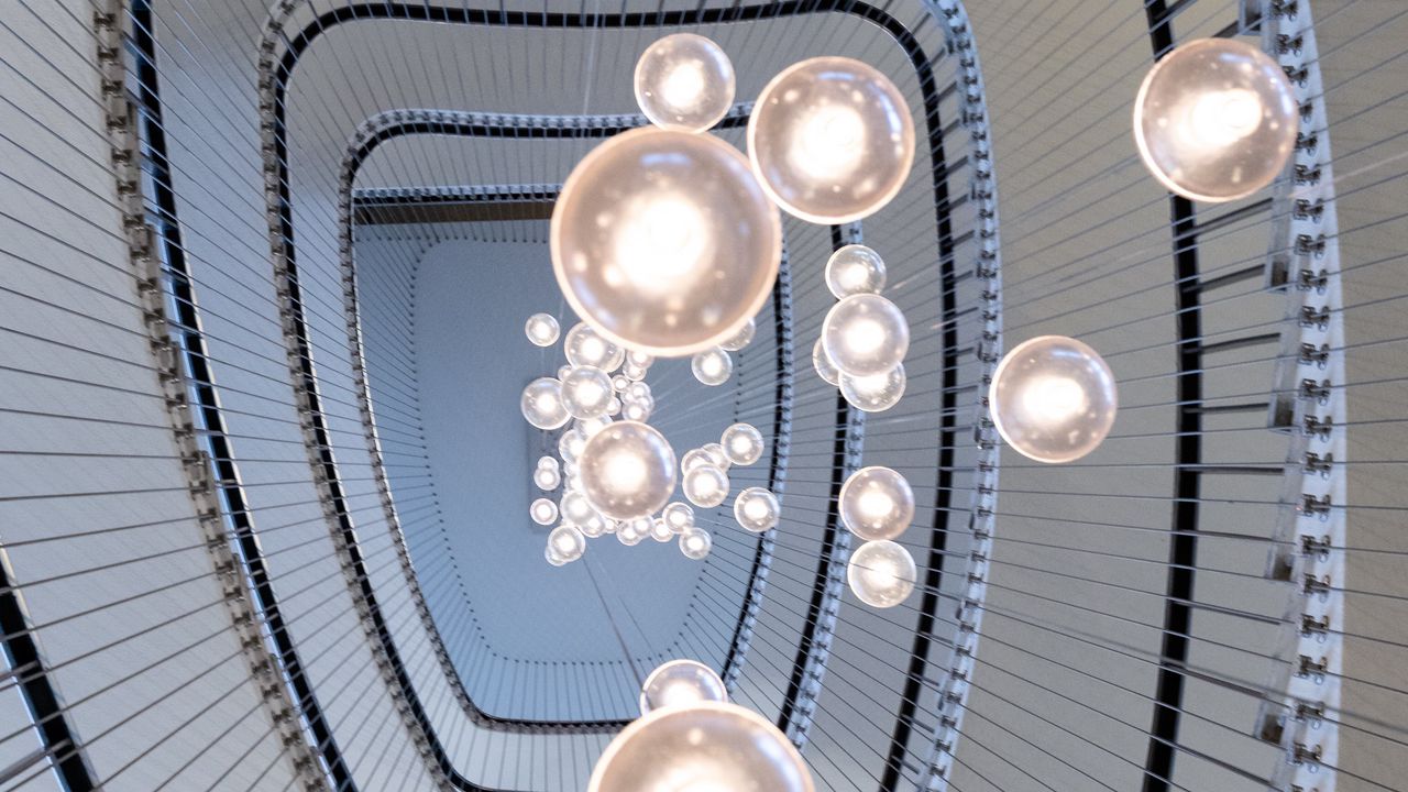 Wallpaper stairs, spiral, chandelier, light bulbs, lighting