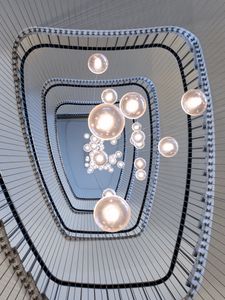 Preview wallpaper stairs, spiral, chandelier, light bulbs, lighting