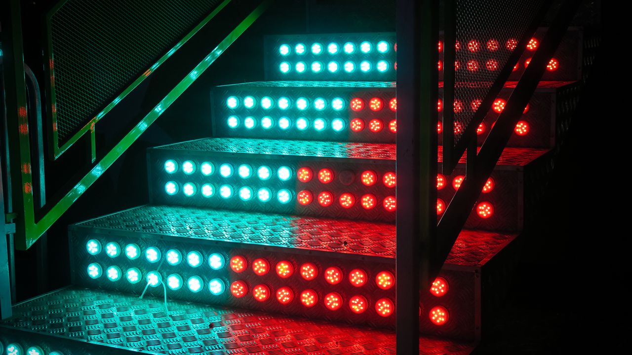 Wallpaper stairs, steps, backlight, neon, light bulbs, blue, red