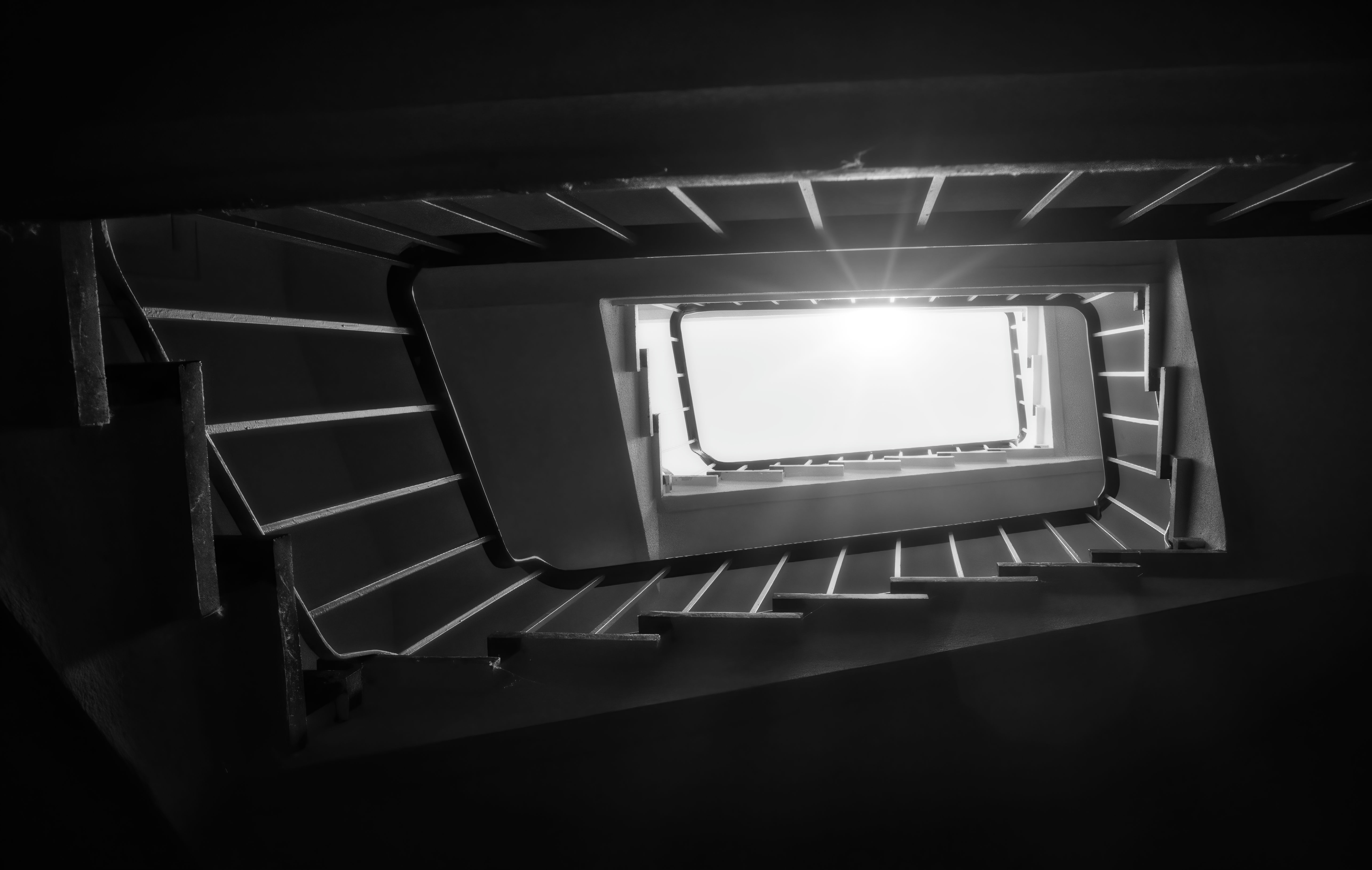 Download wallpaper 5834x3700 stairs, steps, light, black and white hd