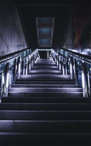 Preview wallpaper stairs, steps, neon, railings, bottom view, dark