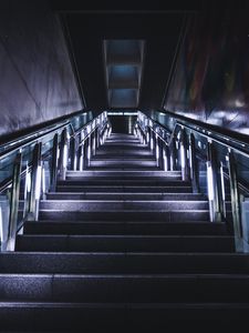 Preview wallpaper stairs, steps, neon, railings, bottom view, dark