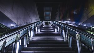 Preview wallpaper stairs, steps, neon, railings, bottom view, dark