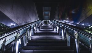 Preview wallpaper stairs, steps, neon, railings, bottom view, dark