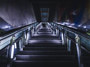 Preview wallpaper stairs, steps, neon, railings, bottom view, dark