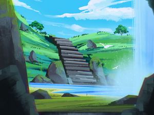 Preview wallpaper stairs, stones, coast, birds, art