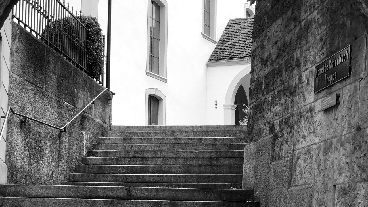 Wallpaper stairs, street, buildings, lantern, bw