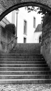 Preview wallpaper stairs, street, buildings, lantern, bw