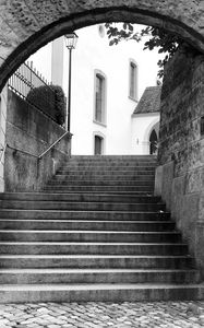 Preview wallpaper stairs, street, buildings, lantern, bw