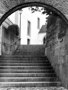 Preview wallpaper stairs, street, buildings, lantern, bw