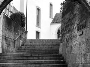 Preview wallpaper stairs, street, buildings, lantern, bw