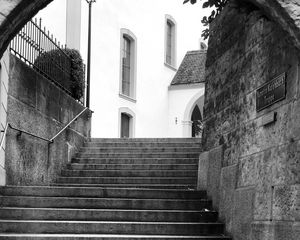 Preview wallpaper stairs, street, buildings, lantern, bw