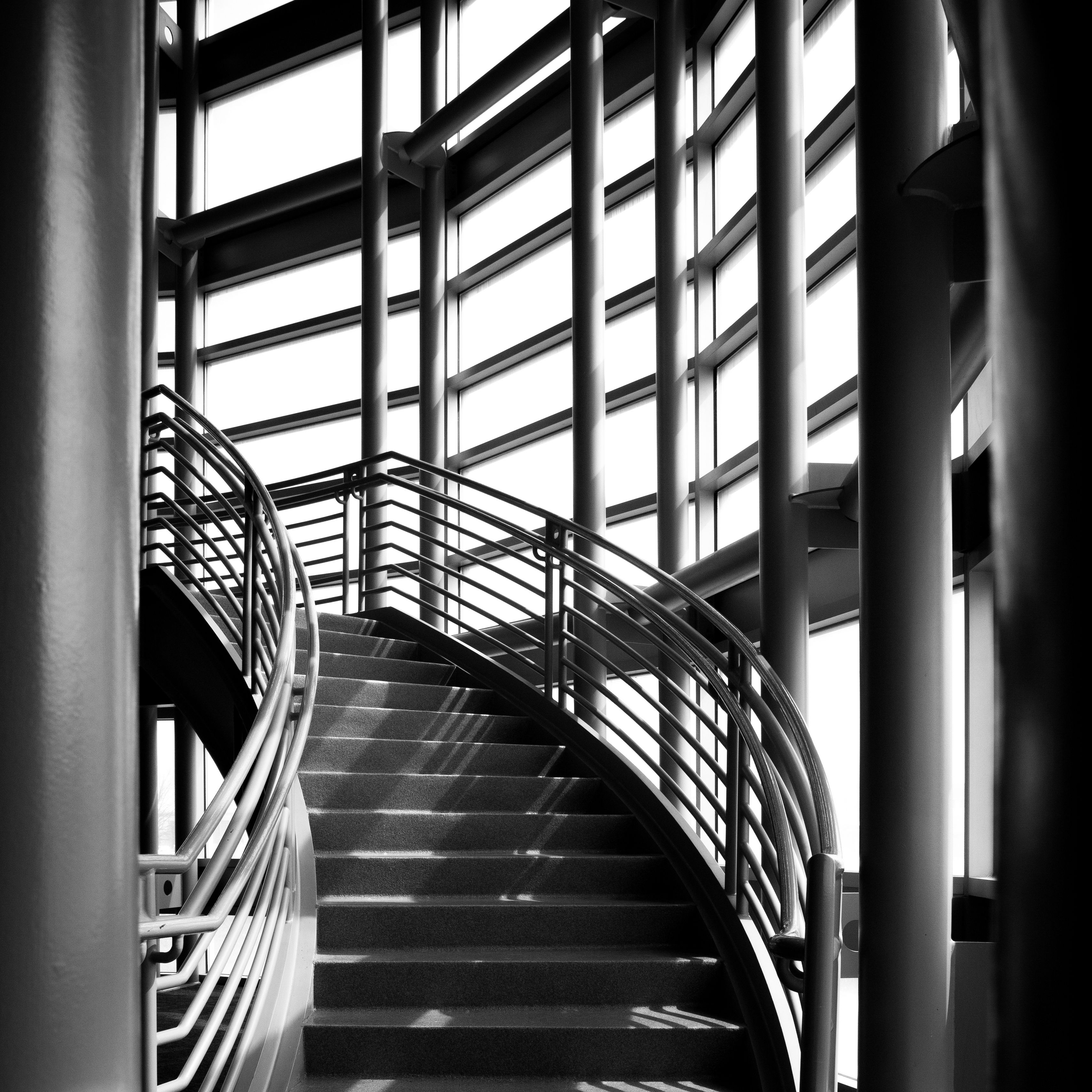 Download wallpaper 3415x3415 stairs, windows, shadows, black and white