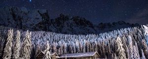 Preview wallpaper starry sky, barn, building, mountains