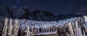 Preview wallpaper starry sky, barn, building, mountains