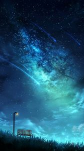 Preview wallpaper starry sky, bench, lantern, stars, night, art