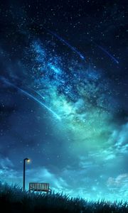 Preview wallpaper starry sky, bench, lantern, stars, night, art