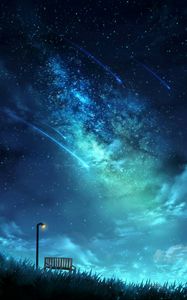 Preview wallpaper starry sky, bench, lantern, stars, night, art