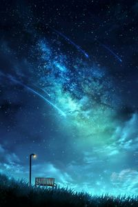 Preview wallpaper starry sky, bench, lantern, stars, night, art