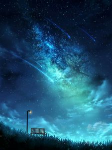Preview wallpaper starry sky, bench, lantern, stars, night, art