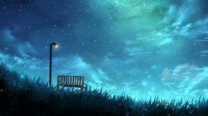 Preview wallpaper starry sky, bench, lantern, stars, night, art