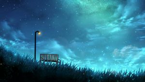 Preview wallpaper starry sky, bench, lantern, stars, night, art