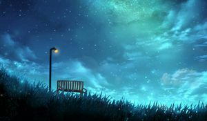 Preview wallpaper starry sky, bench, lantern, stars, night, art